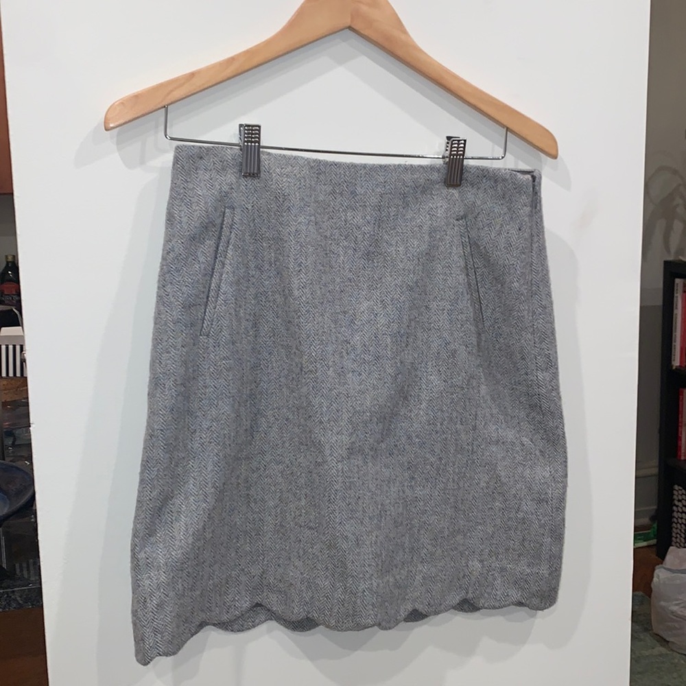 Talbots grey and light blue wool blend textured skirt scalloped hem 4P petite